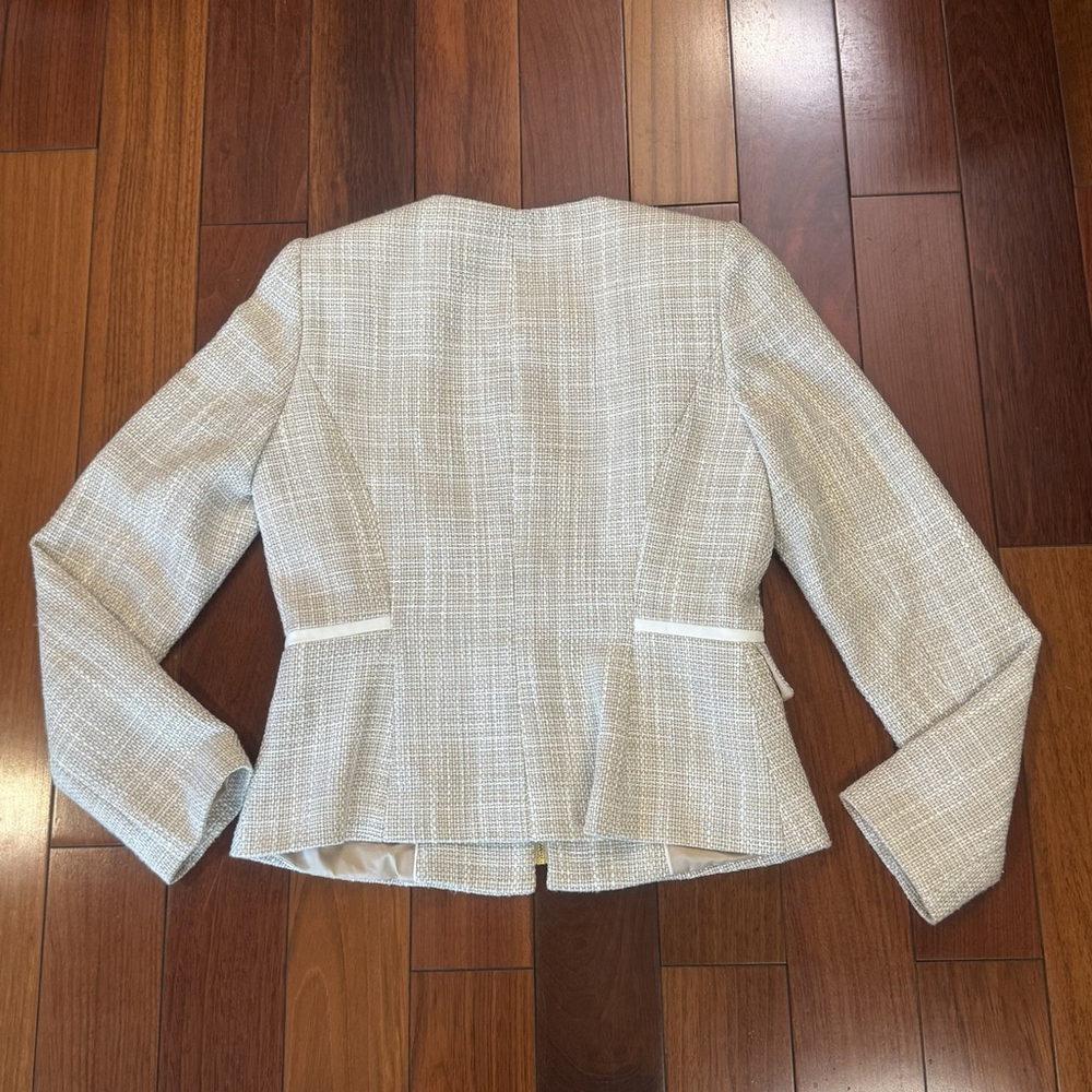 Calvin Klein Cotton Blend Tweed Blazer Jacket Size:4P Ivory Zip up Lined Pockets - Picture 6 of 14
